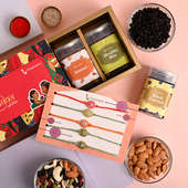 Send Set of 5 With Dry Fruits For Brother Online - Blackcurrants Almonds With Healthy Mix N Vibrant Rakhis