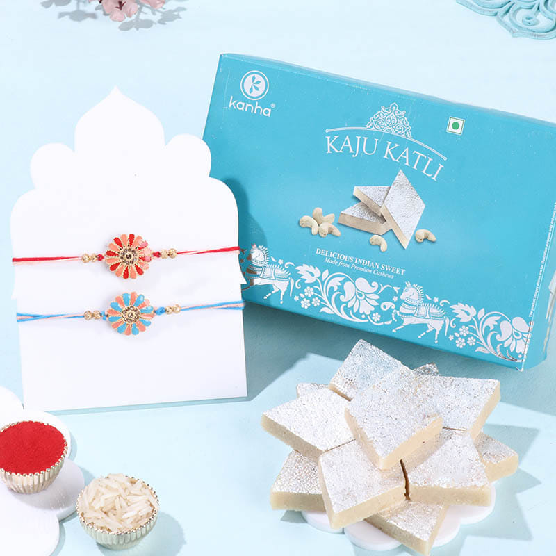 Bloom Motif Rakhi Duo With Kaju Katli