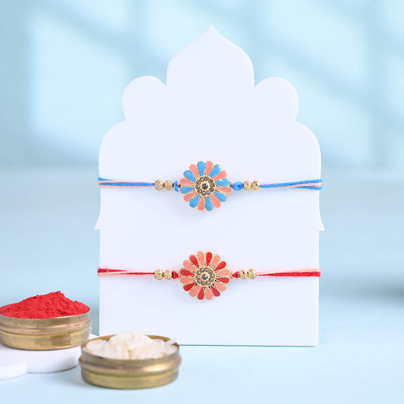 Bloom Motif Rakhi Duo With Kaju Katli