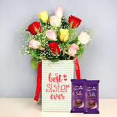 Blooming Rose Box With Silk Chocolates - Bunch of 10 Mixed Roses with Sister Flower Box and 2 Dairy Milk Silk Chocolates
