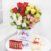 Blooms With Kitkat N Teddy Anniversary Combo - Bunch of 20 Red Roses with Anniversary Flower Box and 5 Nestle Kitkats