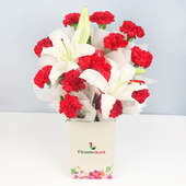 12 Red Carnations and 2 Lilies in Floweraura Box in Closed View