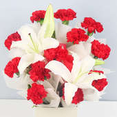 12 Red Carnations and 2 Lilies with Zoomed in View