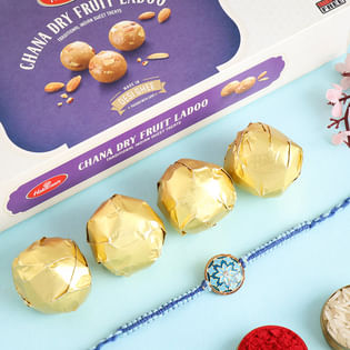 Blue Artisanal Rakhi With Chana Ladoo