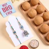 Blue Beaded Bhai Bhabhi Rakhis With Besan Ladoo