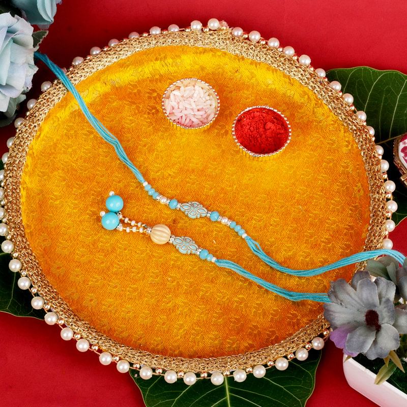 Blue Beaded Rakhi N Yellow Puja Thali Combo-UK