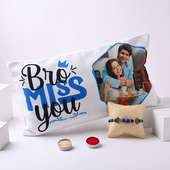 Blue Beaded Rakhi With Personalised Pillow