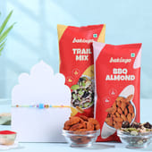 Blue Beaded Rakhi With Trail Mix N Bbq Almonds