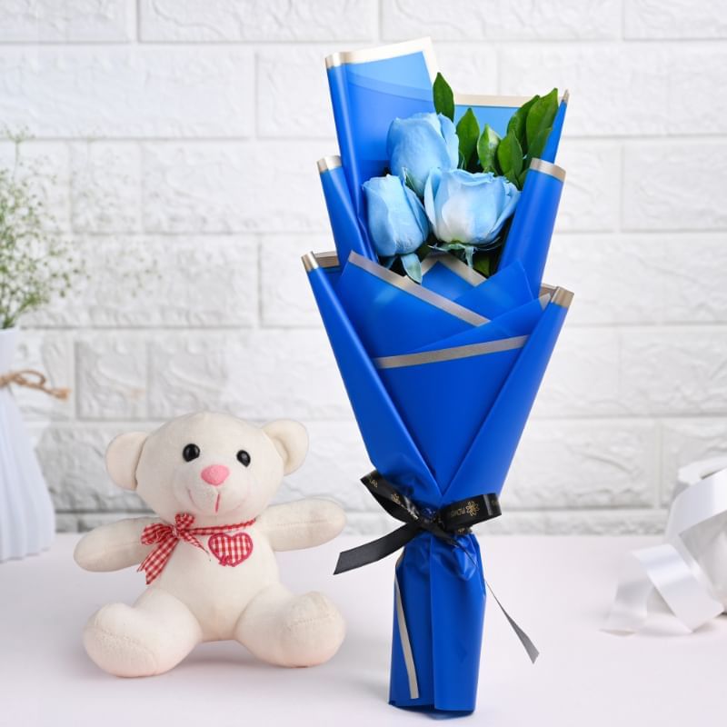 Blue Beauty Roses N Plush Teddy