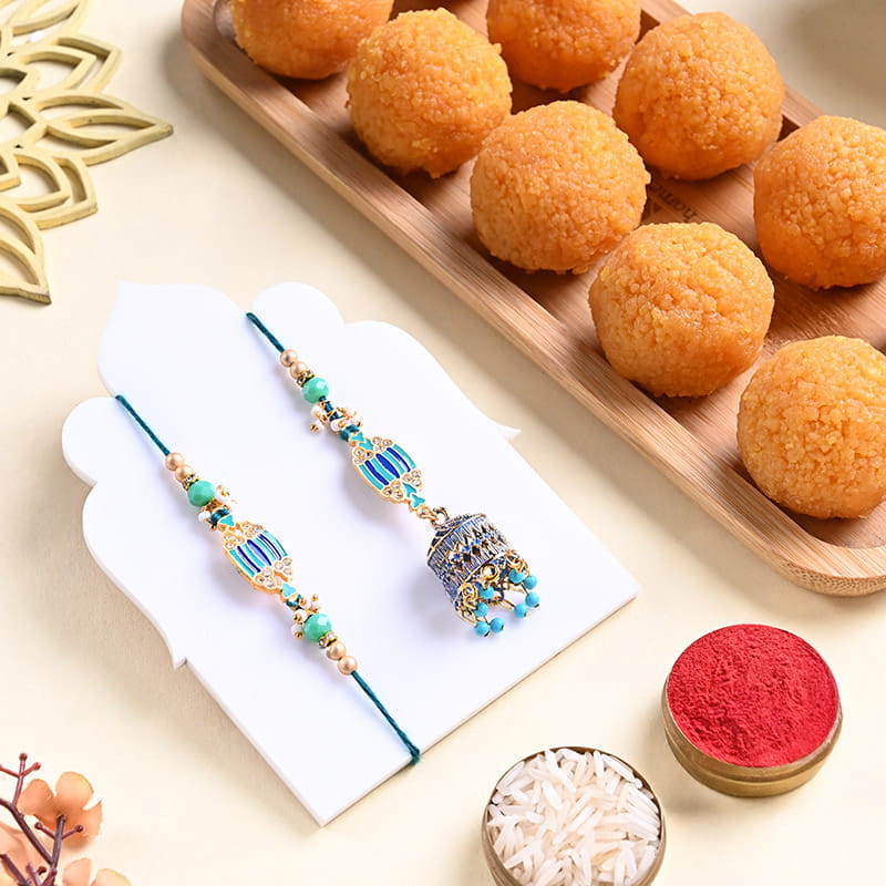 Blue Bhai Bhabhi Rakhi Set With Motichoor Ladoos