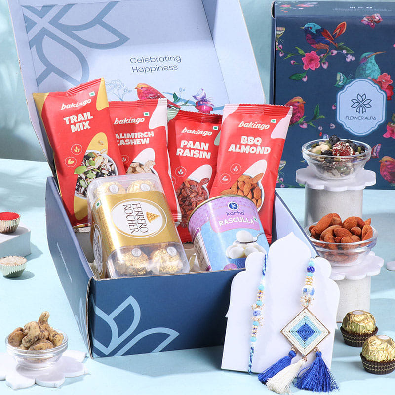 Blue Bhai Bhabhi Rakhis N Gourmet Treats Hamper