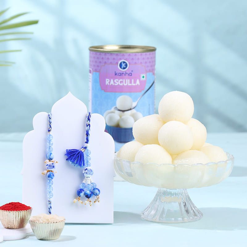Blue Bhaiya Bhabhi Rakhis With Rasgullas
