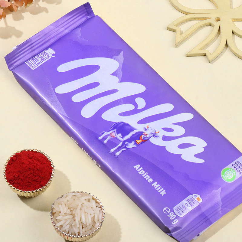 Blue Designer Rakhi With Chocolate Bar