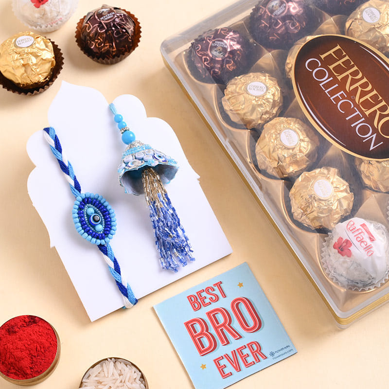 Blue Evil Eye Bhai Bhabhi Rakhis With Chocolates 