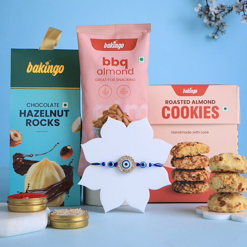 Blue Evil Eye Rakhi With Nutty N Sweet Treats