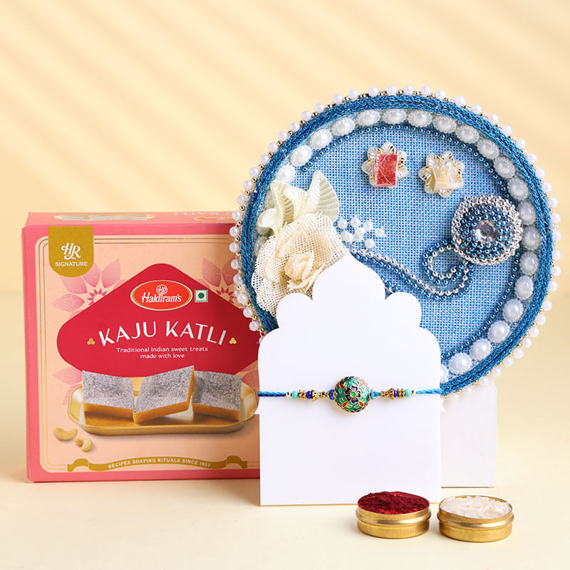 Blue Meenakari Rakhi With Thali N Dodha Treats