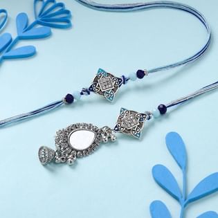 Blue Mirror Work Couple Rakhi Set for Bhaiya Bhabhi
