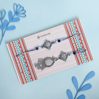 Blue Mirror Work Couple Rakhi Set
