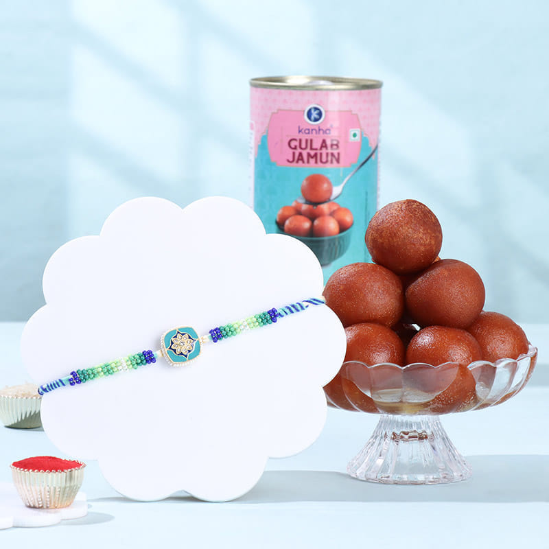Blue N Green Floral Rakhi With Gulab Jamun