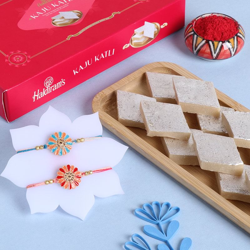 Set of 2 Floral Designer Rakhi Combo with Kaju Katli