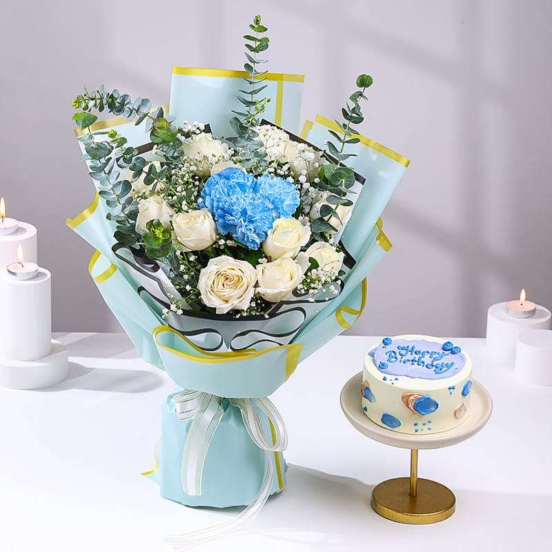 Blue N White Birthday Blooms With Cake