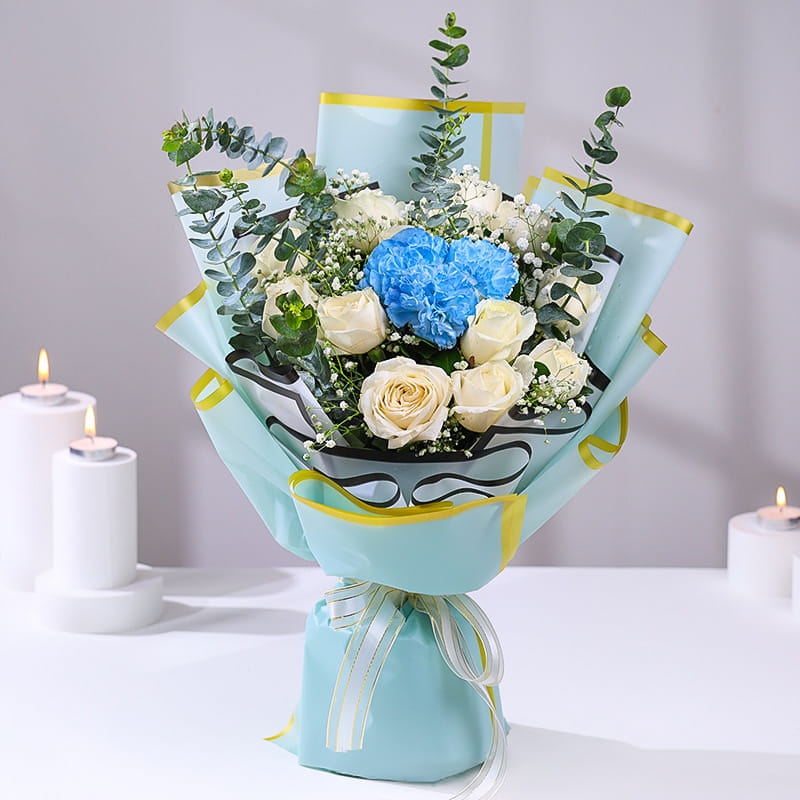 Blue N White Birthday Blooms With Cake