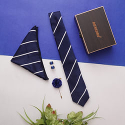 Blue N White Strip Necktie Set For Mens