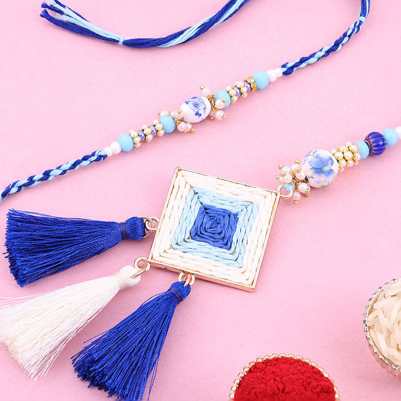 Blue N White Tassels Bhaiya Bhabhi Rakhis