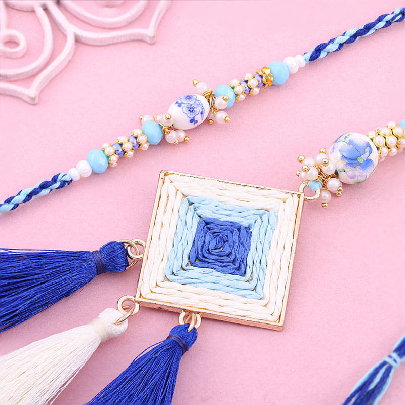 Blue N White Tassels Bhaiya Bhabhi Rakhis