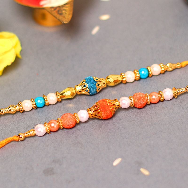 Blue Orange Bead Rakhi Set