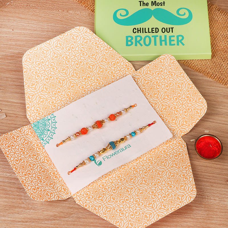 Blue Orange Bead Rakhi Set