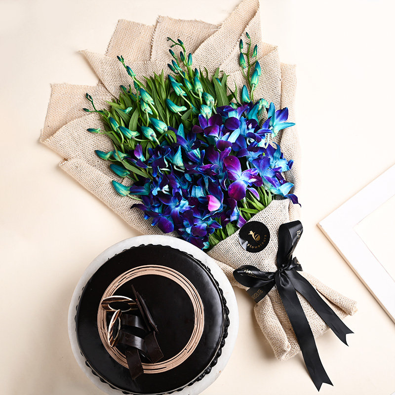 Blue Orchids Bouquet N Choco Cake
