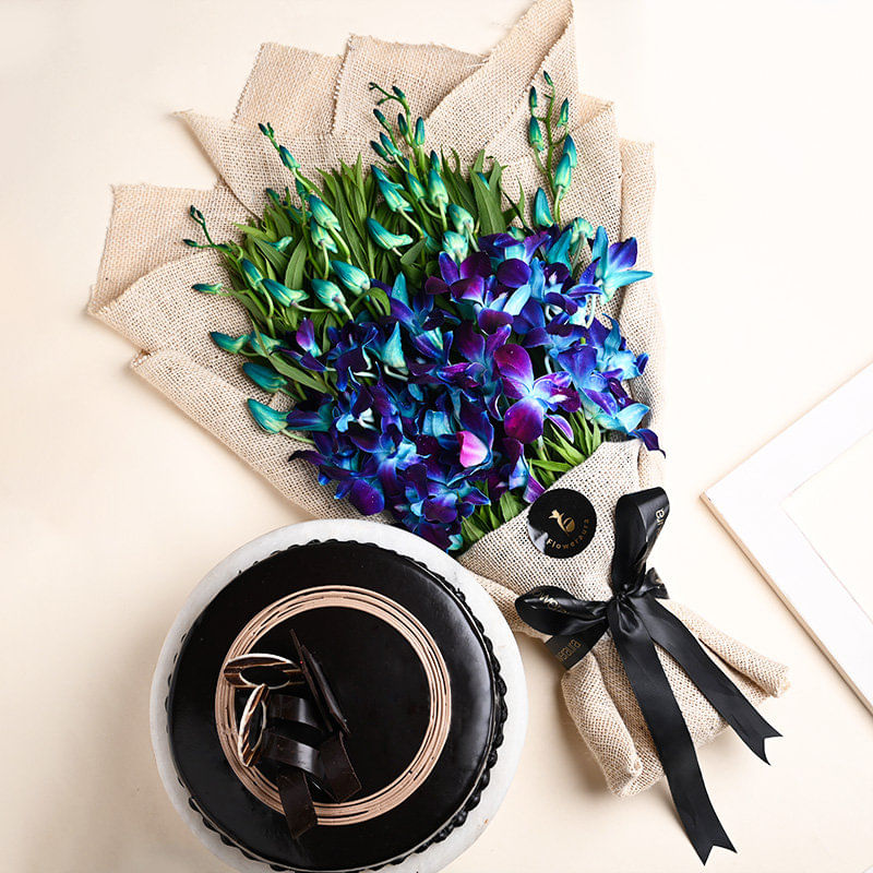 Blue Orchids Bouquet With Choco Cake