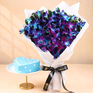 Blue Orchids Bouquet With Pineapple Cake