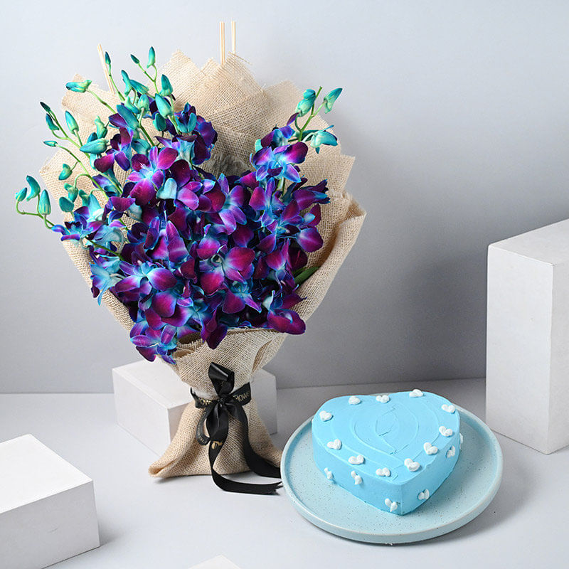 Blue Orchids Bouquet With Pineapple Cake