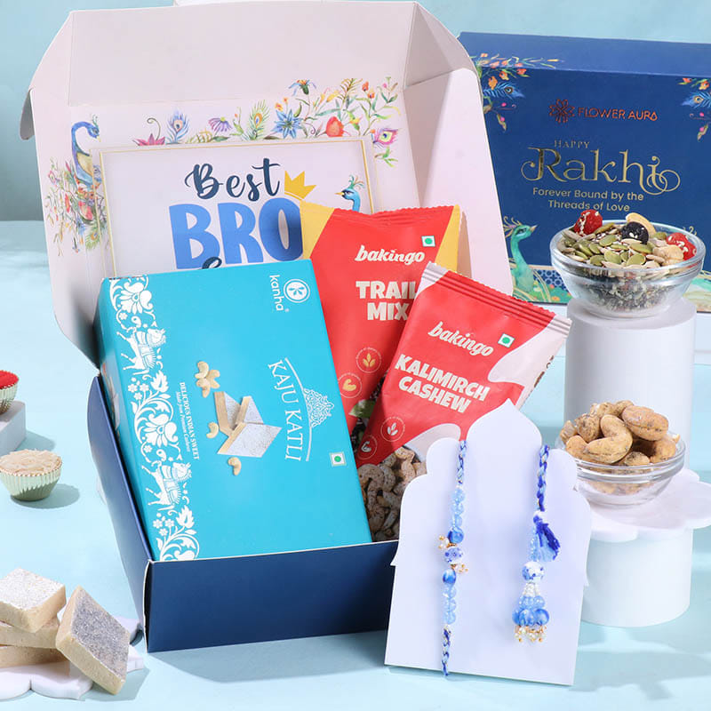 Blue Pearl Bhai Bhabhi Rakhis With Festive Treats