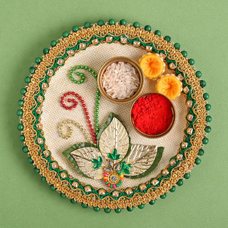 Decorated thali close view with Lumba rakhi