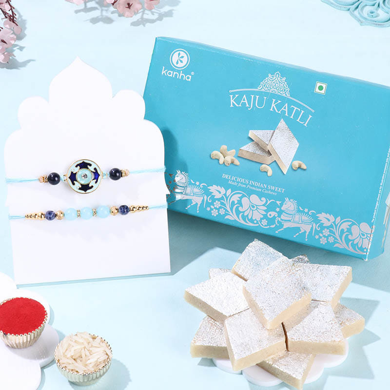 Blue Stone Bhaiya Bhabhi Rakhi With Kaju Katli