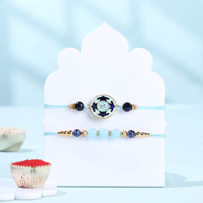 Blue Stone Bhaiya Bhabhi Rakhi With Kaju Katli