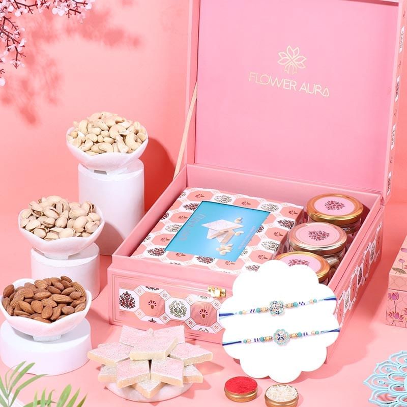 Blue Studded Rakhi Duo N Treats Hamper