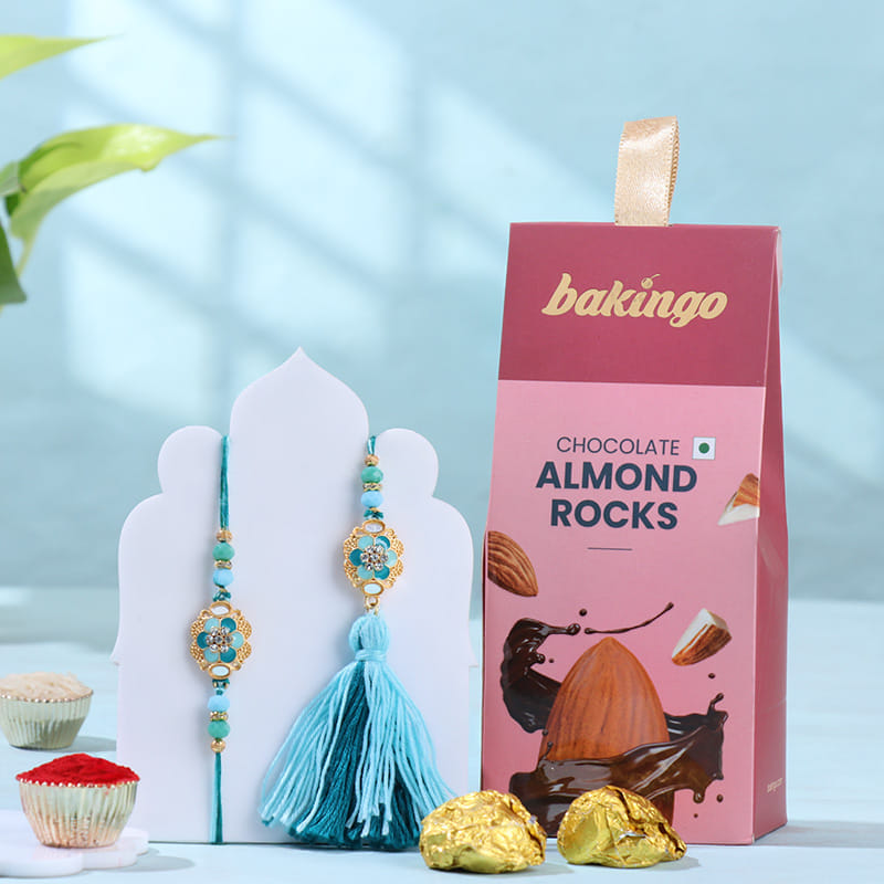 Blue Tassle Bhai Bhabhi Rakhi With Almond Rocks