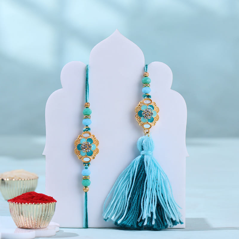 Blue Tassle Bhai Bhabhi Rakhi With Almond Rocks -Overseas