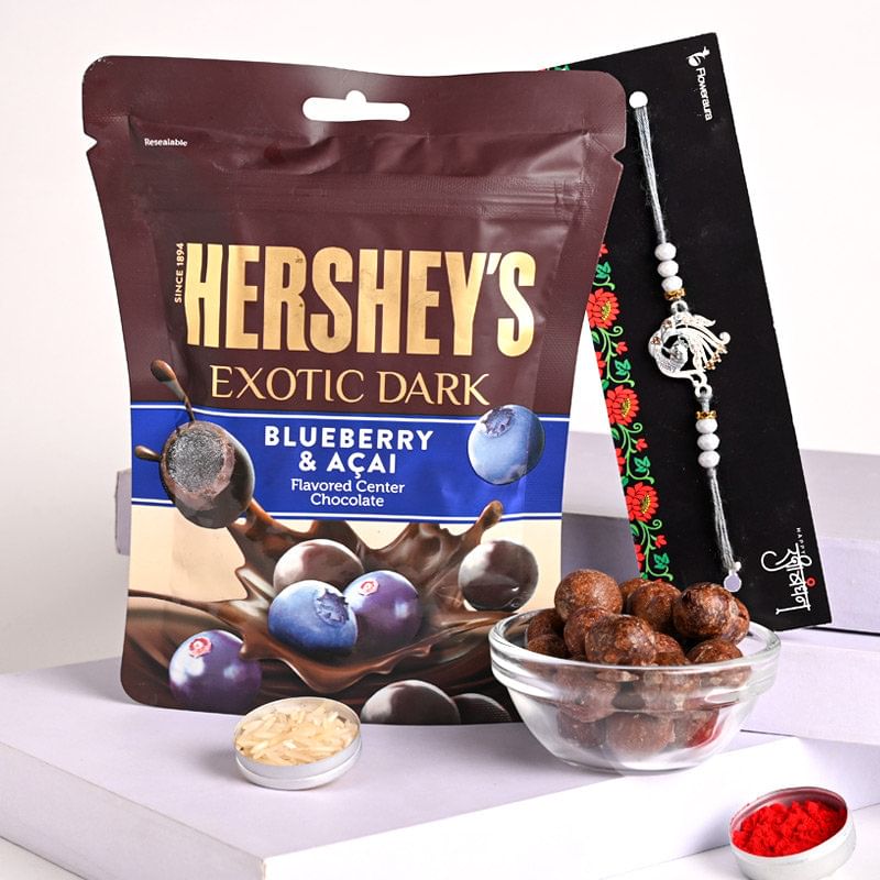 Buy Blueberry Chocolate With Silver Peacock Rakhi - Designer Rakhi Online
