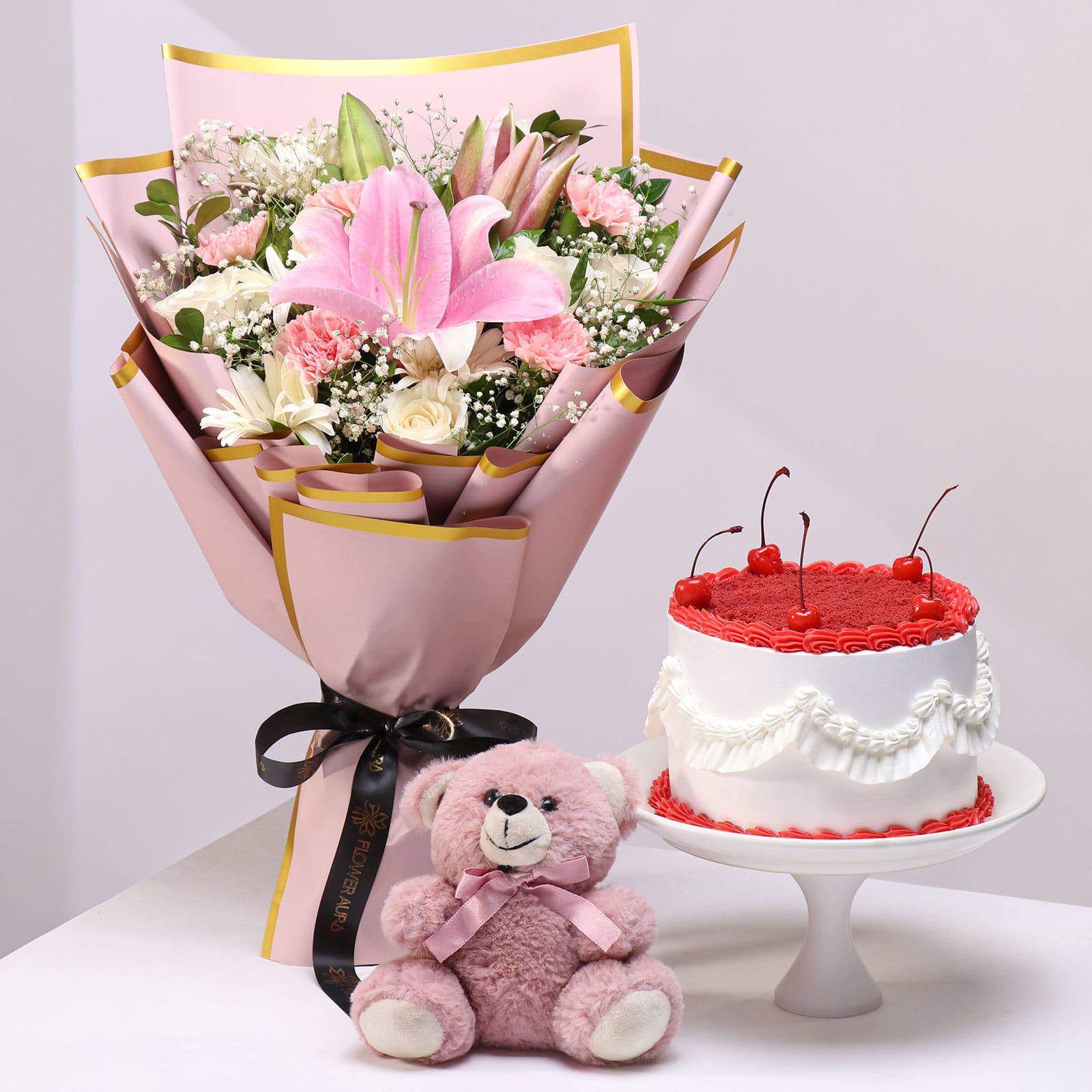 Blush Blooms N Red Velvet Cake Combo