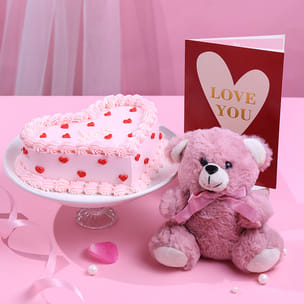 Blush Heart Choco Cake With Teddy N Love Card