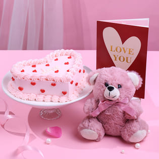 Blush Heart Choco Cake With Teddy N Love Card