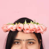 Front view of Rosal Tiara - Fresh Flower Tiara of Pink Roses