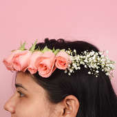 Side view of Rosal Tiara - Fresh Flower Tiara of Pink Roses