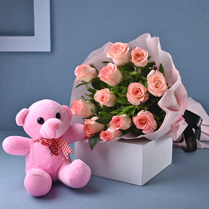 Blush Pink Roses With Cute Teddy