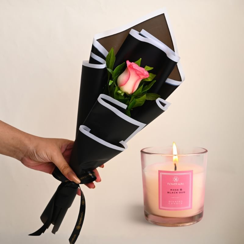 Blushing Pink Rose With Scented Candle